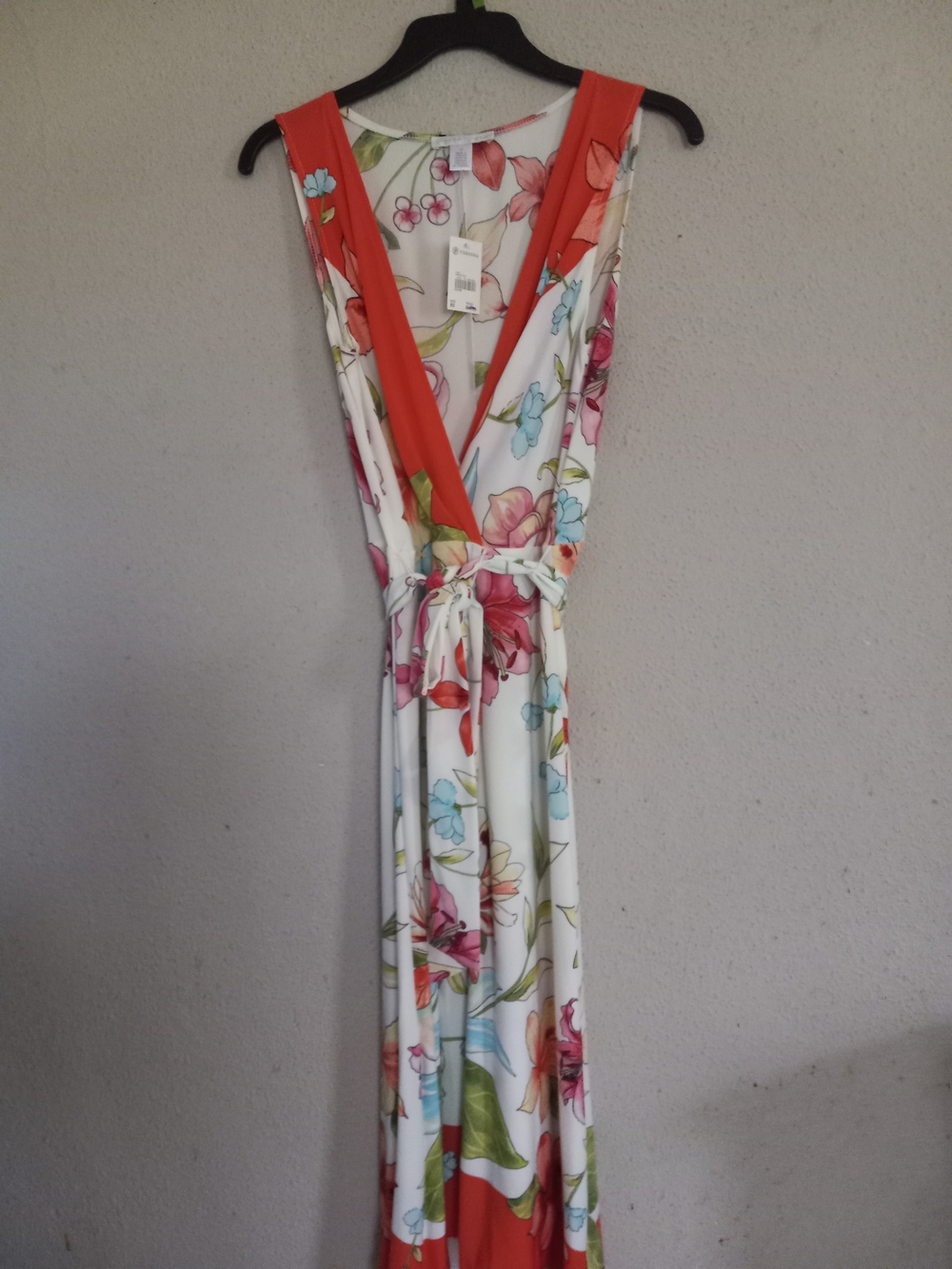 Versona White Floral Midi Dress with Coral Trim